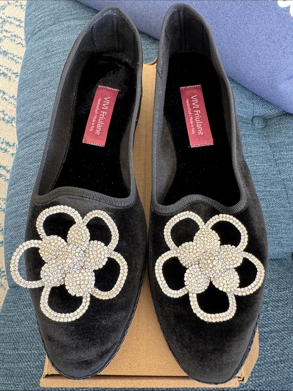 VIVI FRIULANE Silk Velvet Friulane Spilla Fiore Brillante Black Velvet Loafers